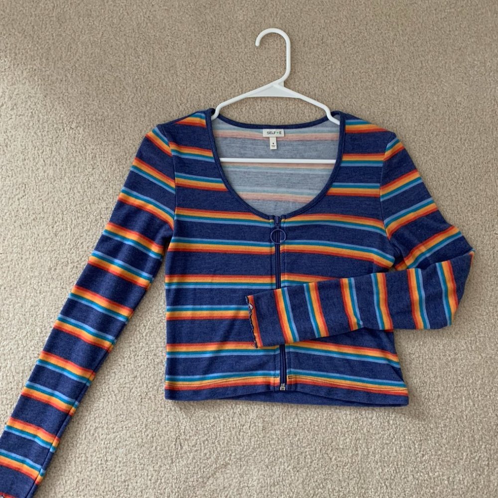 Long sleeve striped zip-front top